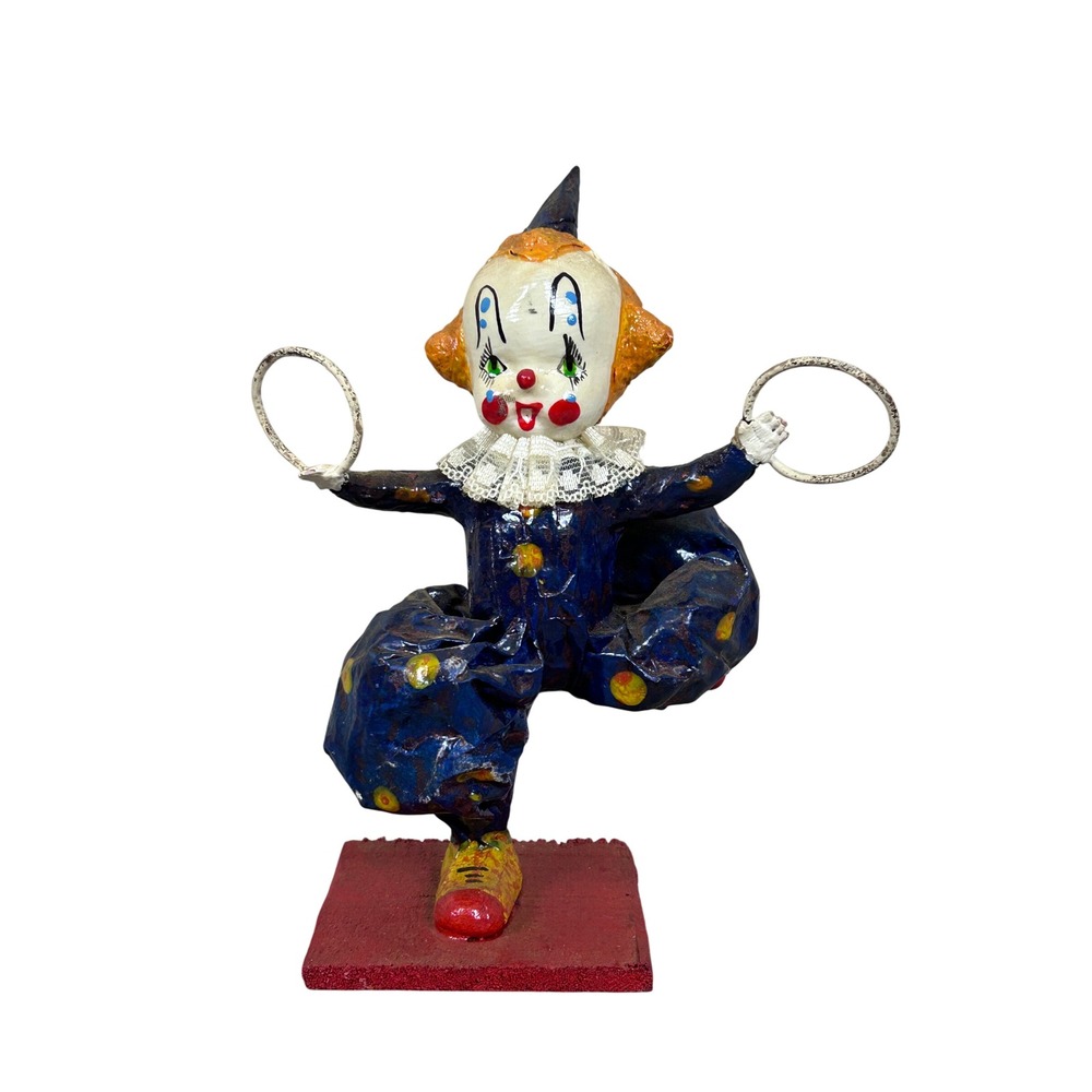 Vintage Paper‎ Mache Circus Clown Figurine Balancing Rings Hand Painted Decor 6"